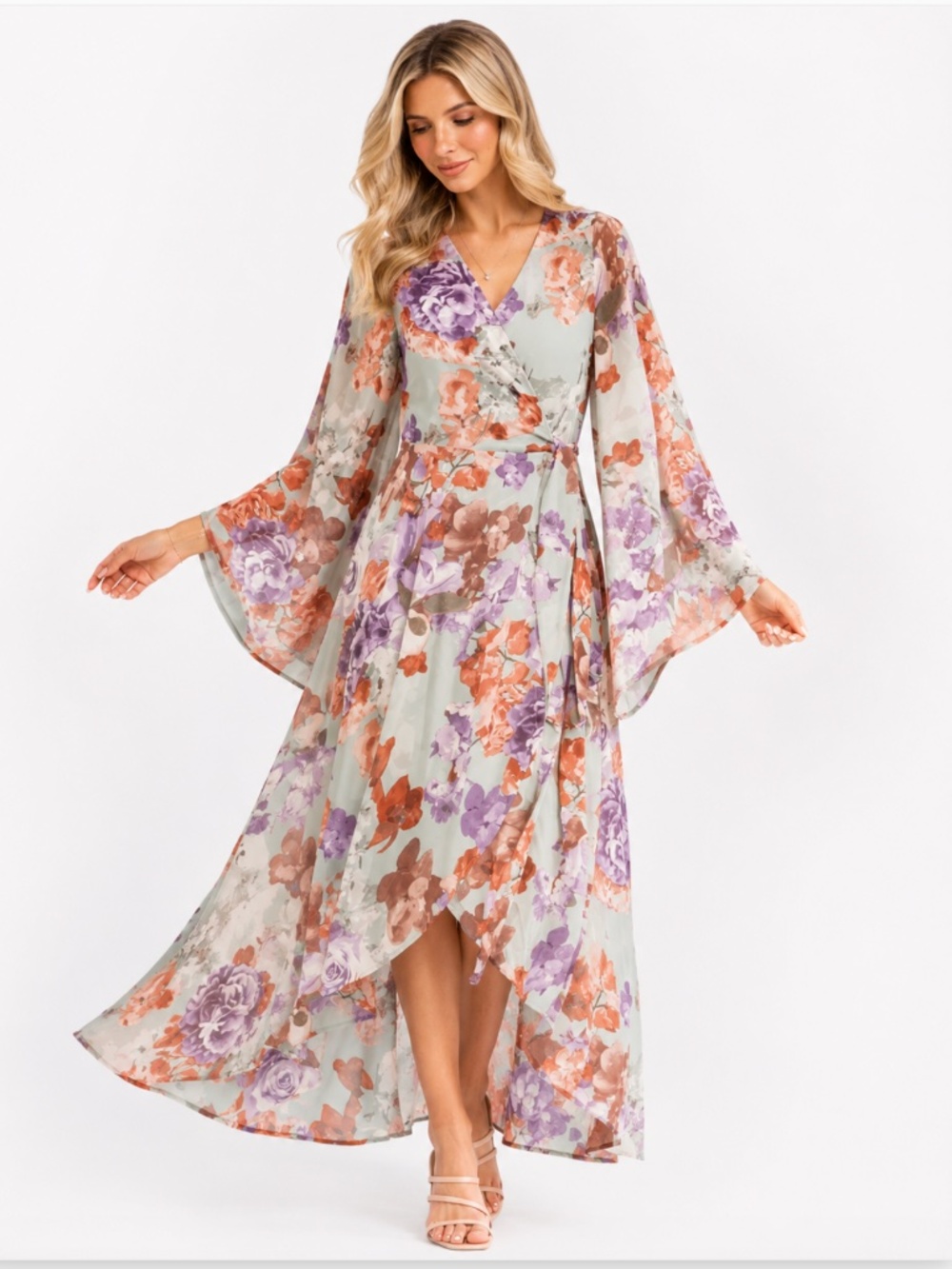 Maxi Dress - Resort Romance Floral Maxi Dress | Boho Bell Sleeve Wrap Style